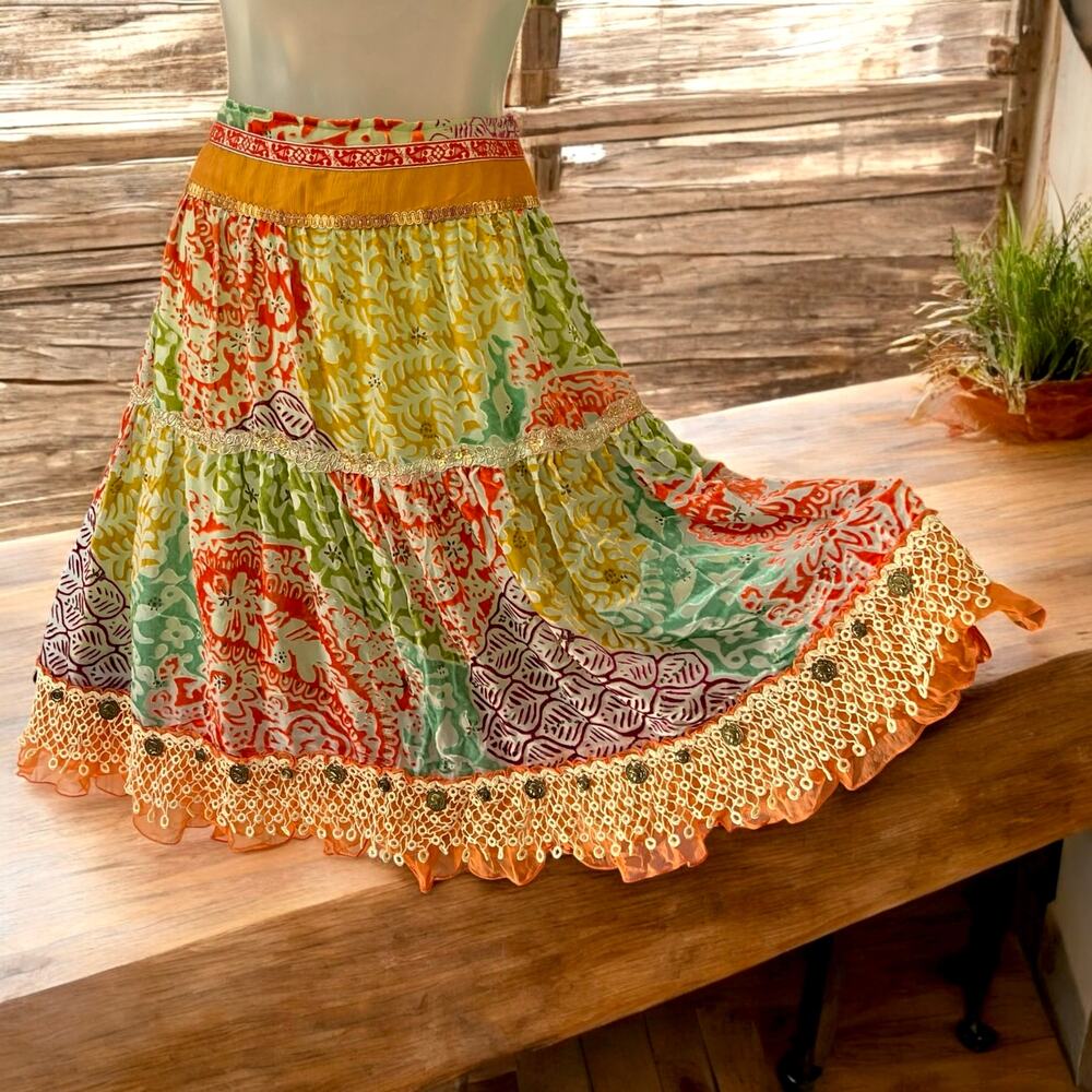 Boho Festival Silk Blend Gypsy Midi Skirt Velvet Cynthia Steffe Size 2 (US 16)